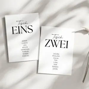 Tischkarten für die Hochzeit mit Tischnummer und Gästenamen
