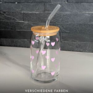 Trinkglas mit Herzchen | inkl. Bambusdeckel & Glashalm